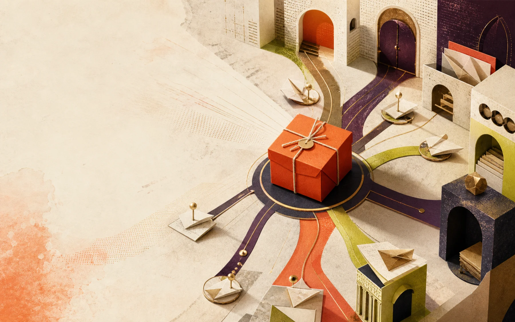A single product parcel branching toward many curated distribution destinations